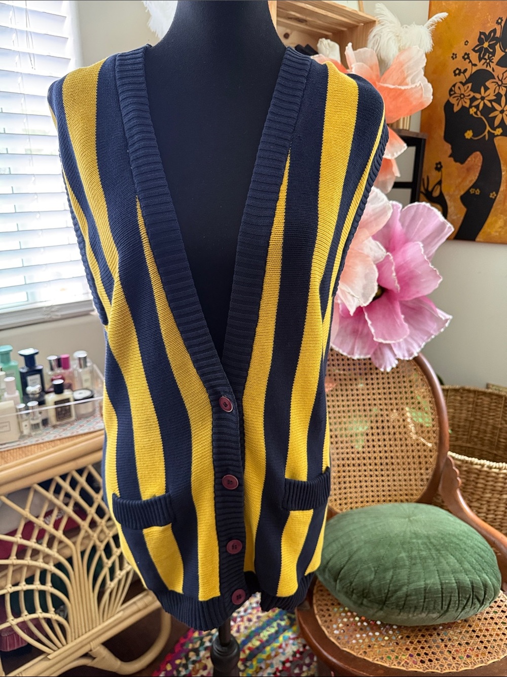 Vintage 80s Anne Klein II Navy & Yellow Striped Knit Preppy Rugby Sweater Vest